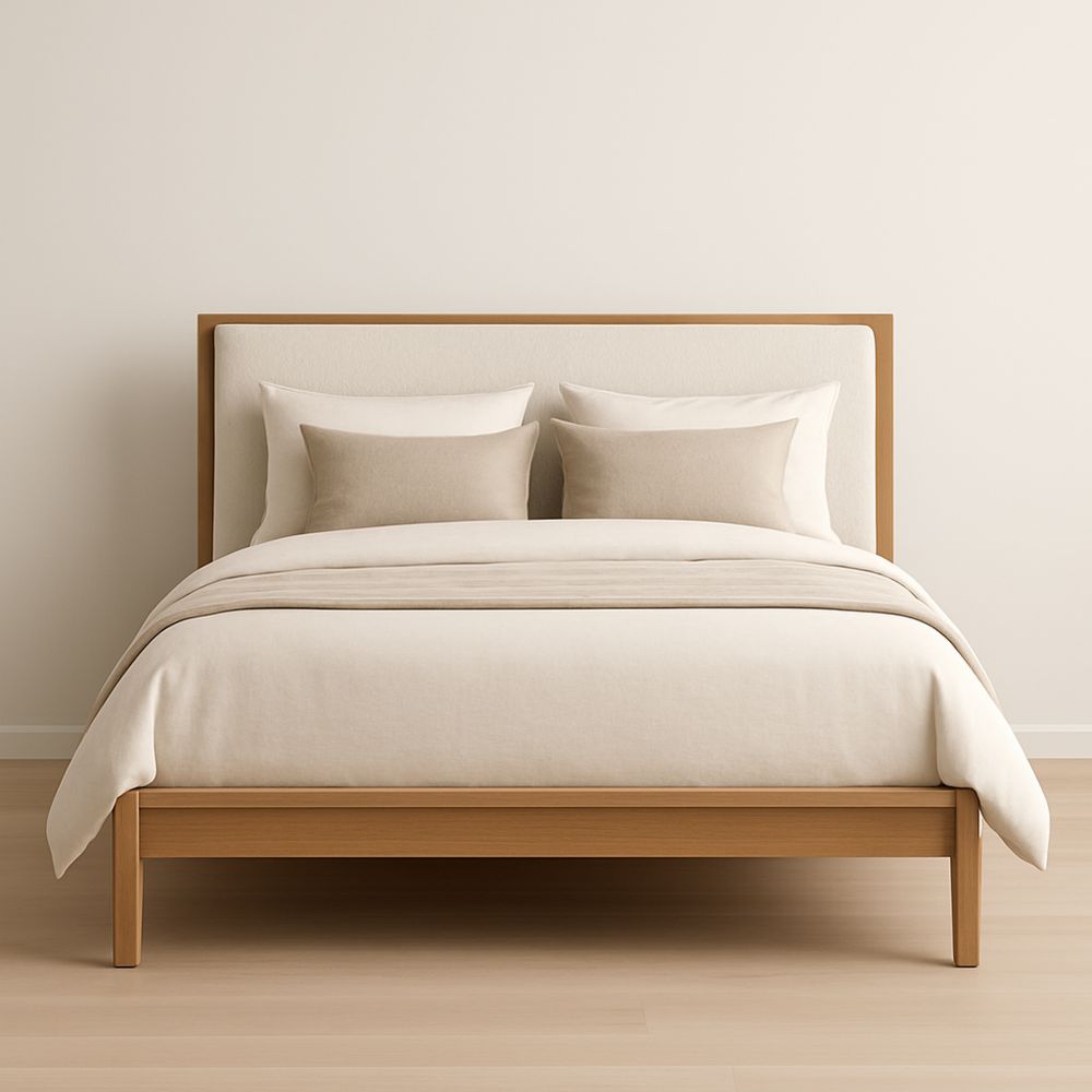 Łóżko drewniane z tapicerowanym zagłówkiem beżowe 200x160 cm