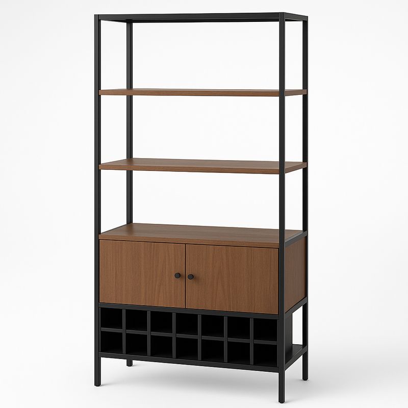 Metalowy stojak na wino z półkami z płyty wiórowej, czarny/brązowy, 180 cm