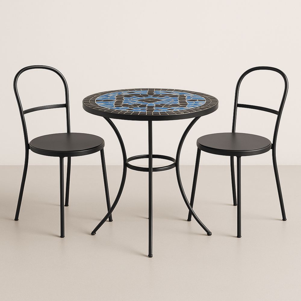 Zestaw Stół Bistro z Mozaikowym Blatem i 2 Krzesłami, Stal, Czarny/Niebieski