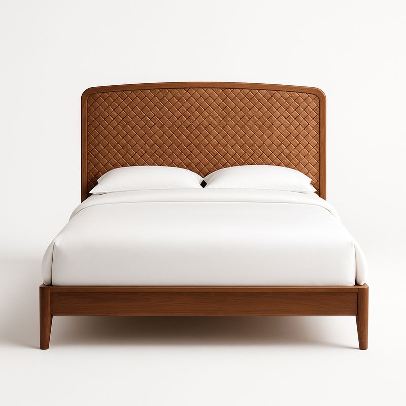 Łóżko drewniane z brązowym wezgłowiem z ekoskóry 200x160x120 cm