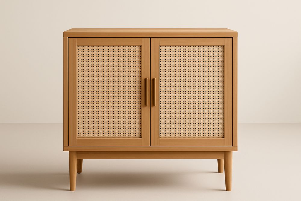 Szafka drewniana z rattanowymi drzwiami, naturalna