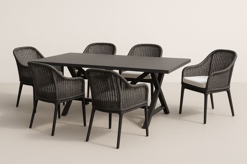 Zestaw stołowy ogród aluminiowy 200 cm z 6 krzesłami rattanowymi Czarny