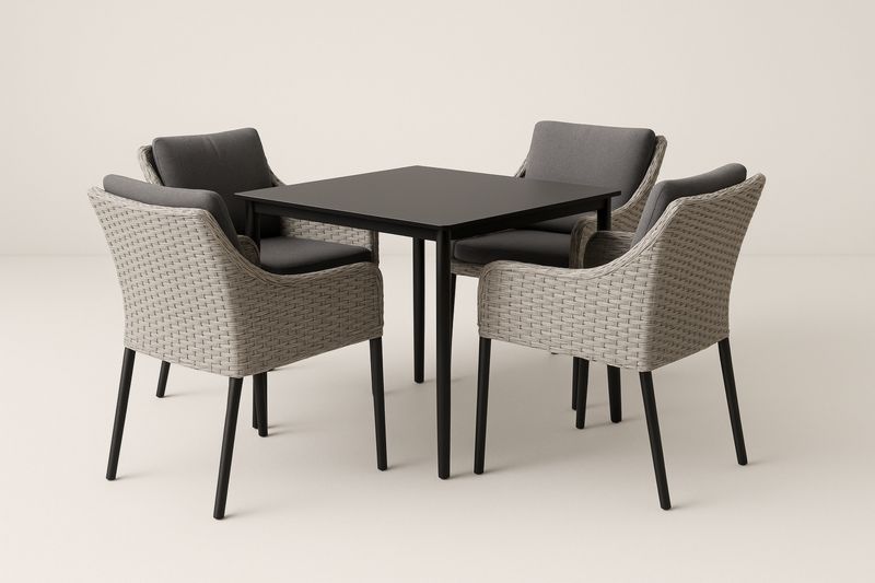 Kwadratowy zestaw stołowy z technoratanu i stali, czarny 90x90x75 cm