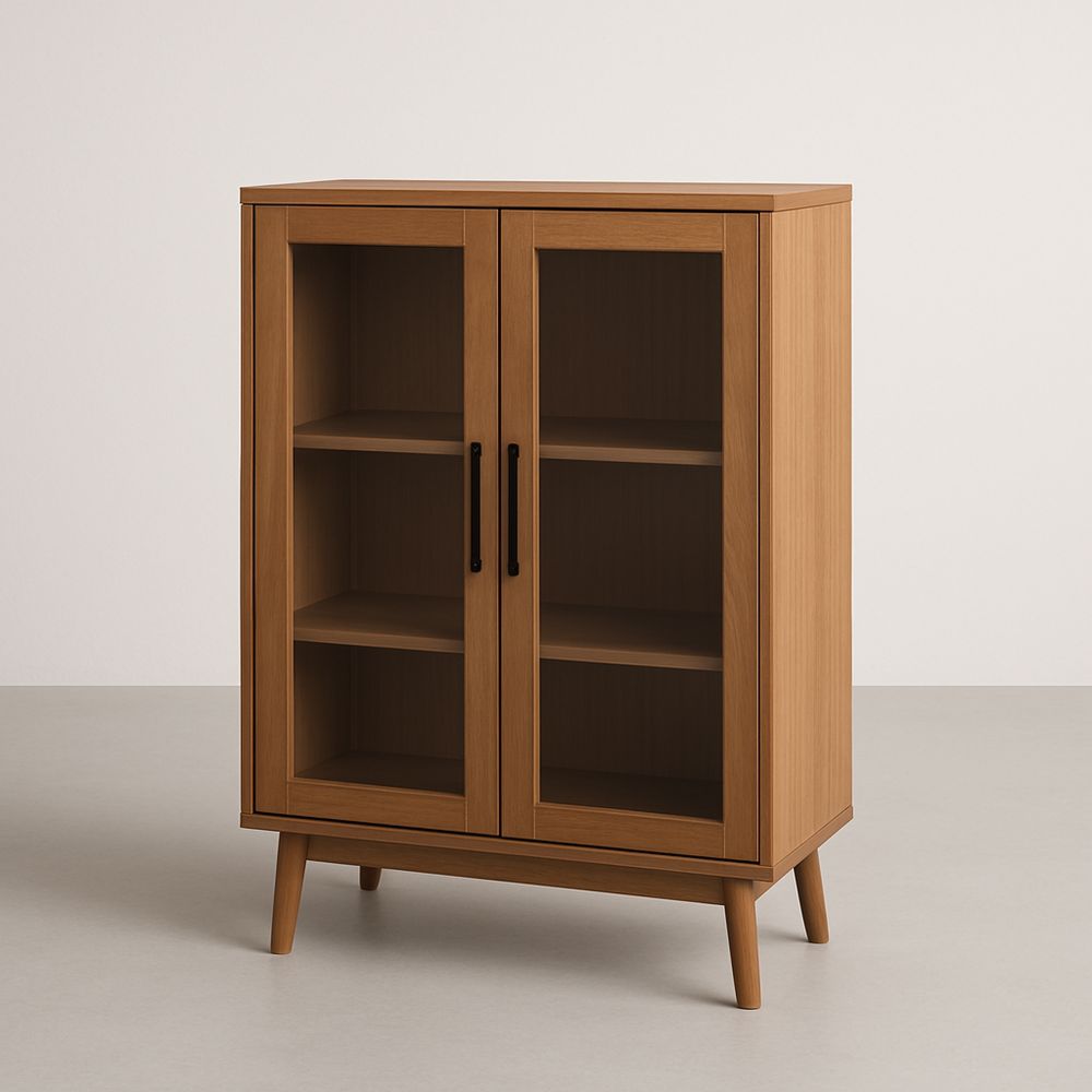 Witryna drewniana z przeszklonymi drzwiami w kolorze jasnobrązowym 80x120x40 cm