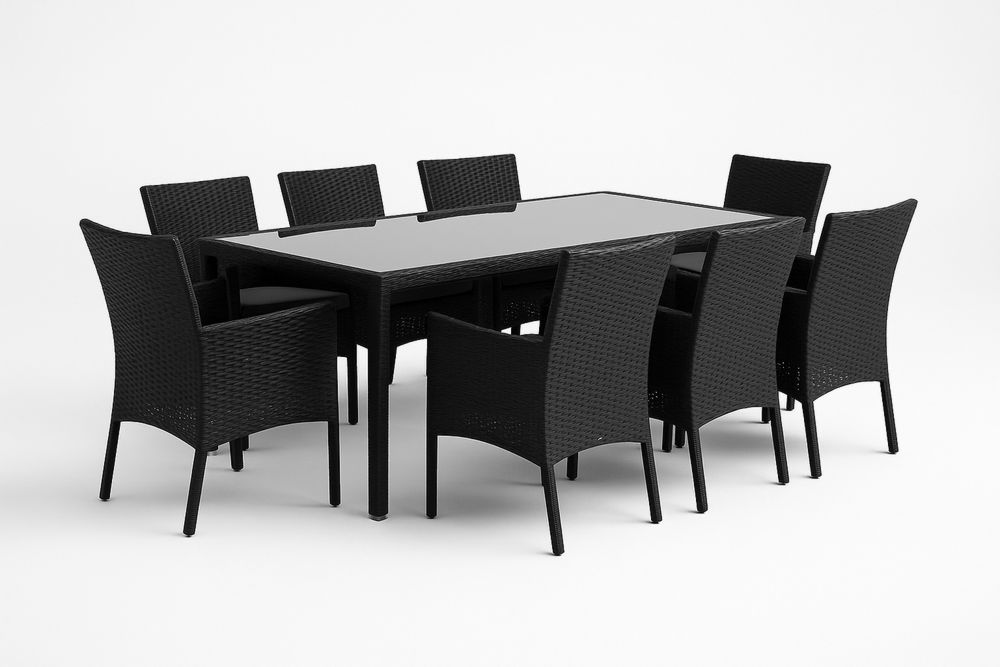 Zestaw mebli ogrodowych 8-osobowy stół prostokątny szkło hartowane krzesła technorattan czarny