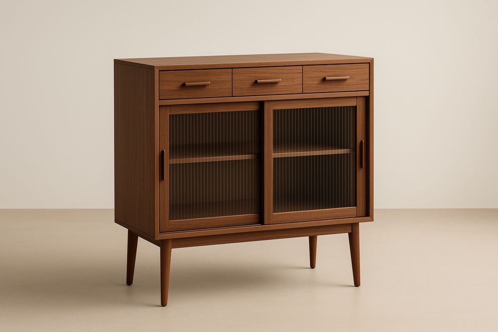 Kredens drewniany z przesuwanymi drzwiami z rowkowanego szkła i trzema szufladami z drewna litego