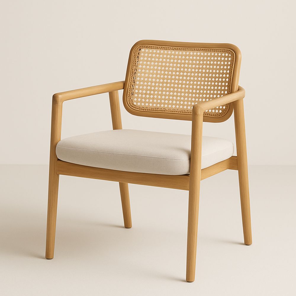 Krzesło drewniane z rattanowym oparciem i beżową poduszką
