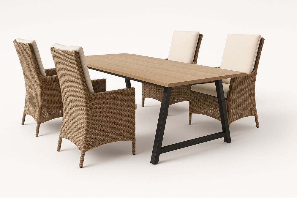 Zestaw jadalniany z krzesłami z rattanu syntetycznego.