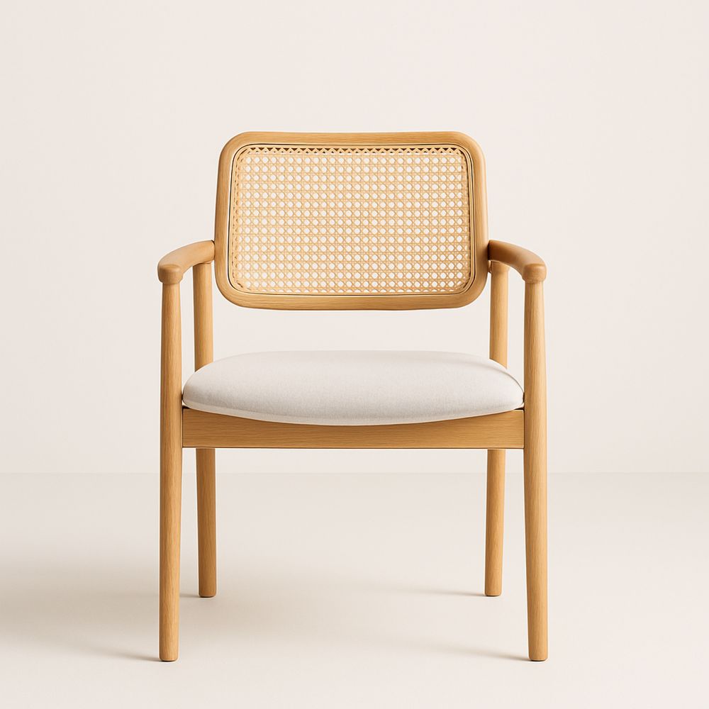 Krzesło z drewna bukowego i rattanu z szarym siedziskiem