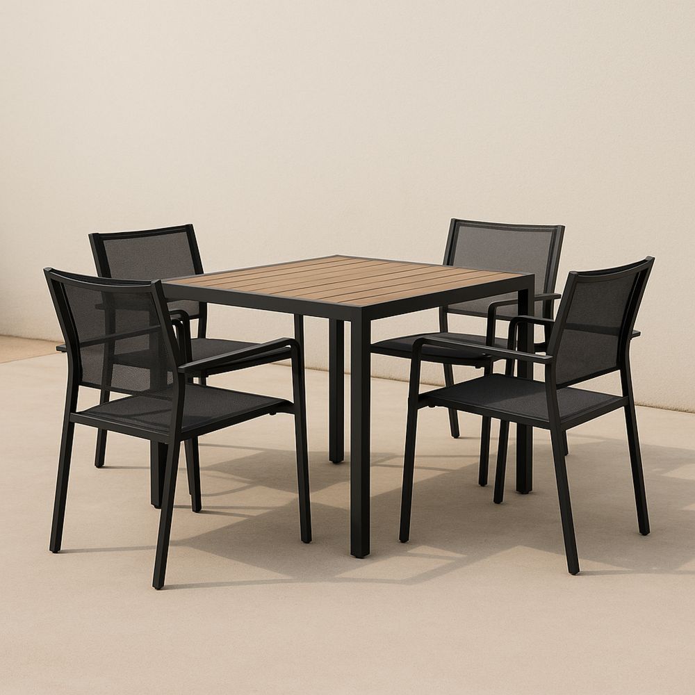 Zestaw stół i krzesła z aluminium i drewna, czarny