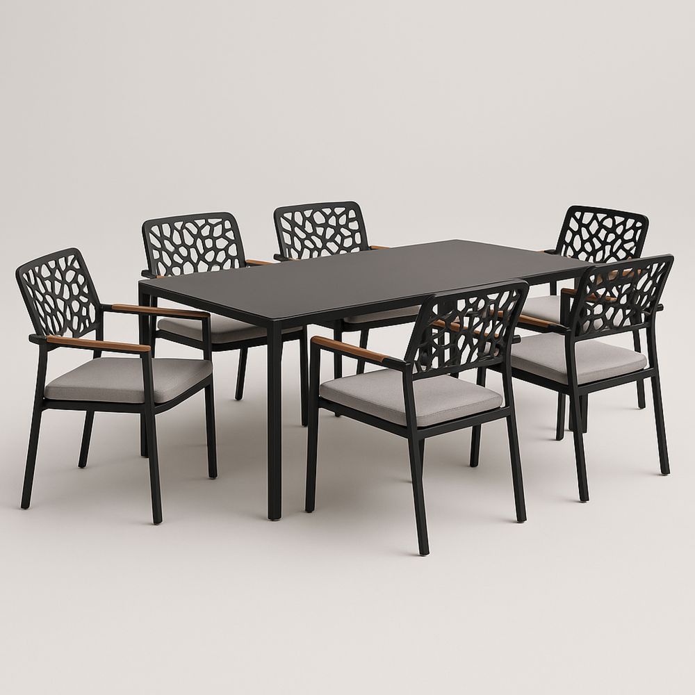 Zestaw mebli ogrodowych z prostokątnym stołem i krzesłami aluminiowymi czarnymi