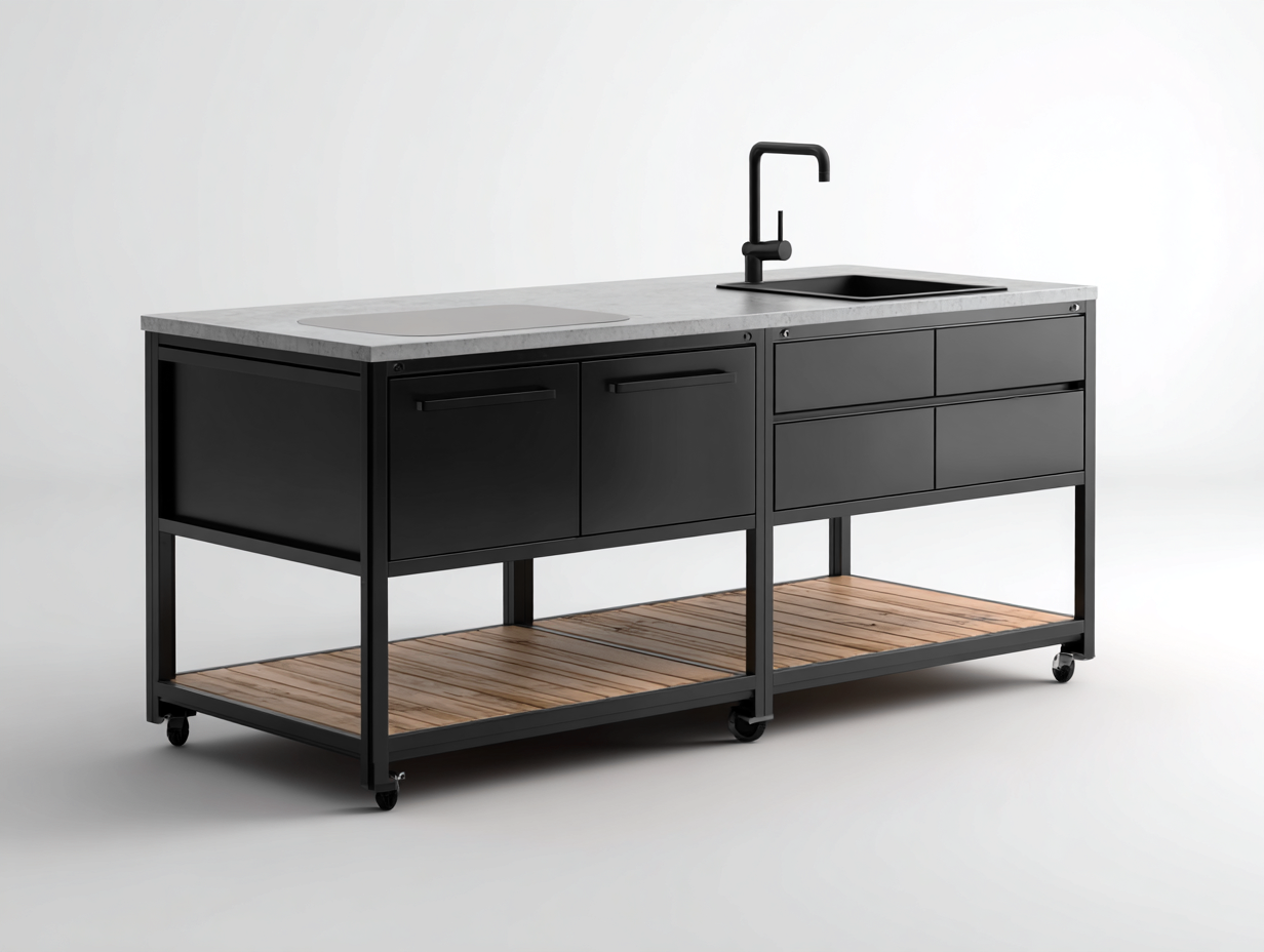 Outdoor Küche Insel - Stahl-Holz-Stein - 190 x 68 x 97 cm - Schwarz-Naturgrau - Modern-Cottauploft