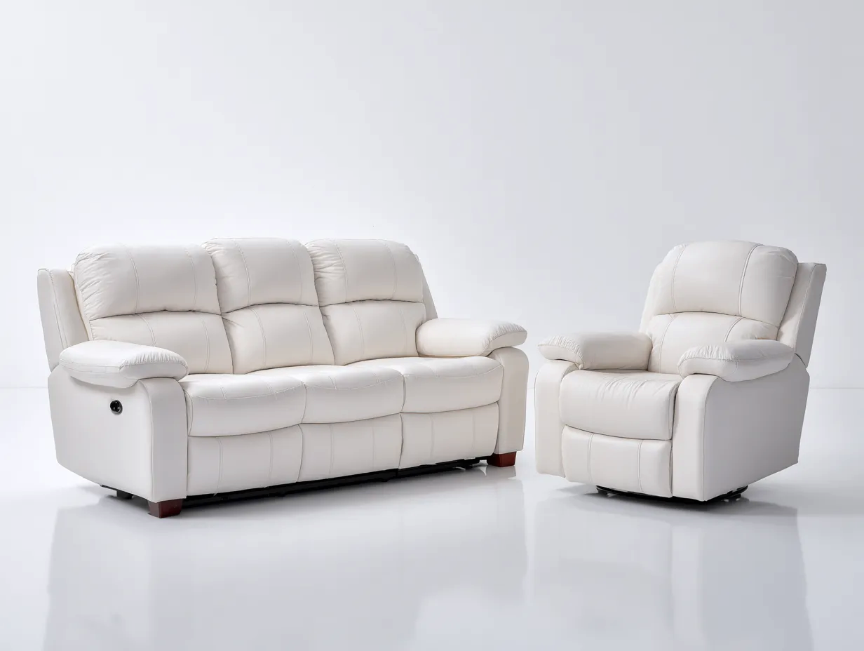 Relaxsofa Sets-Leder-Holz-Metall-212 x 101 x 105 cm-Creme-Moderne Wohnzimmereinrichtung-Cottauploft