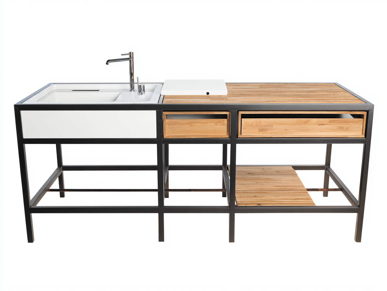 Outdoor Küche Insel - Stahl-Holz-Keramik - 175 x 60 x 94 cm - Schwarz-Natur-Weiß - Modern-Cottauploft