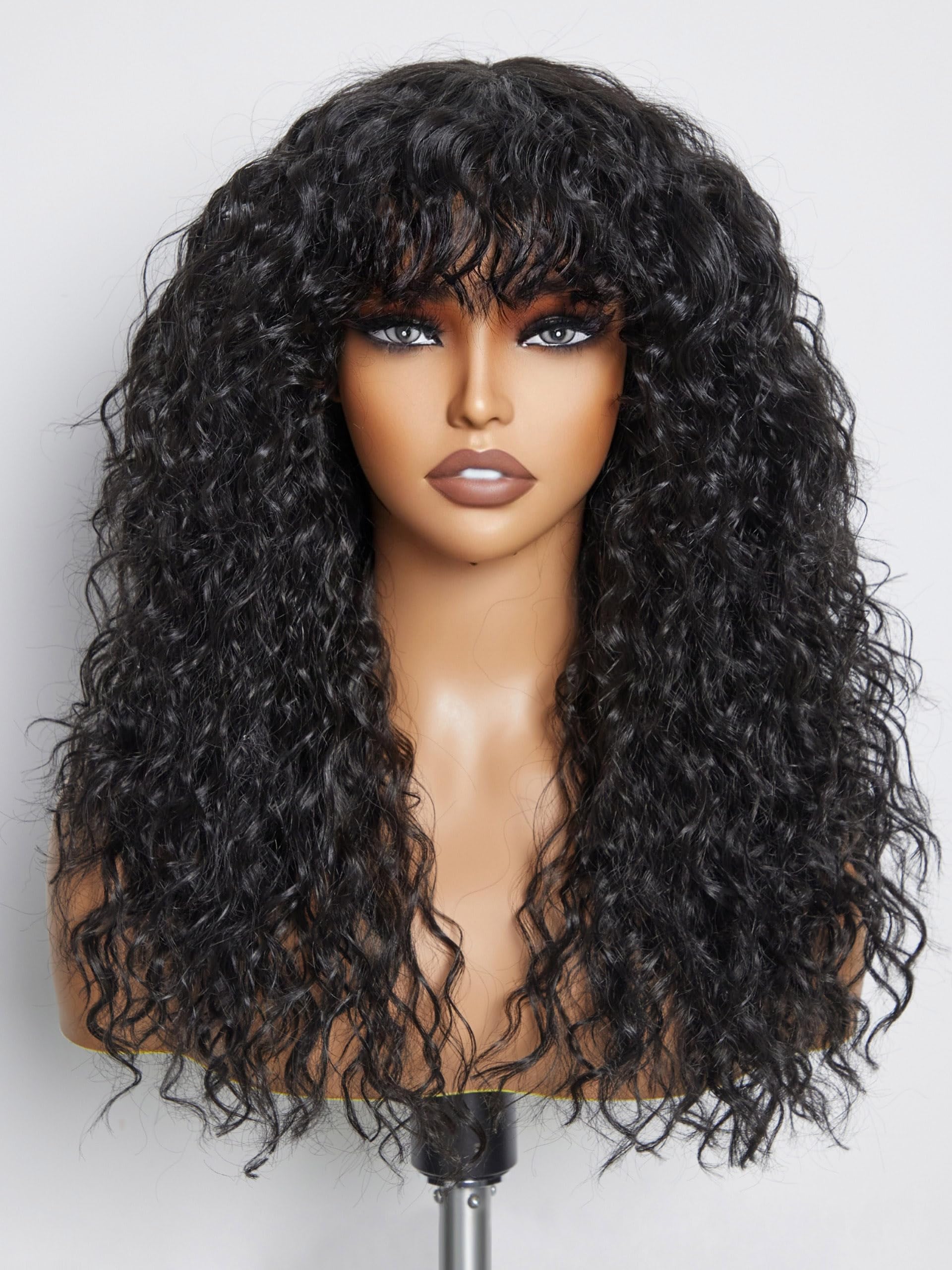Curly Human Hair Wig with Bangs – Shaggy Waves, Big Hair, Ready-to-Wear