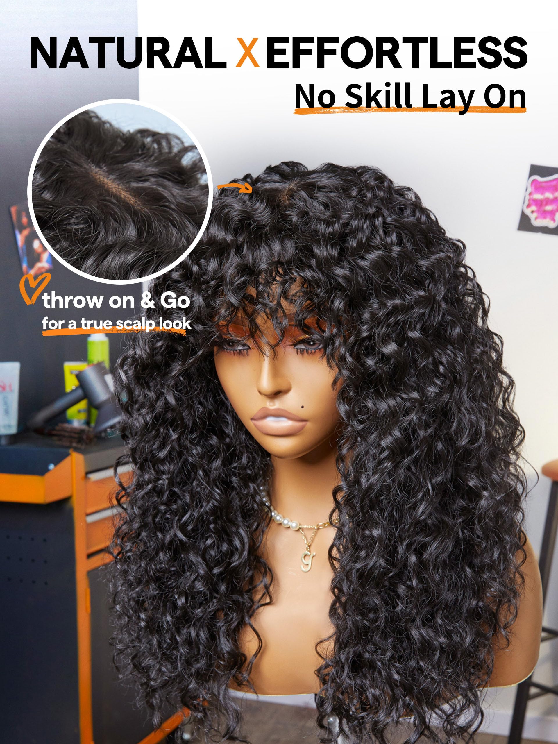 Curly Human Hair Wig with Bangs – Shaggy Waves, Big Hair, Ready-to-Wear