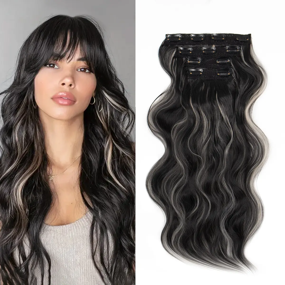 Invisible Clip-In Synthetic Hair Extensions - Thick Natural Long Wavy Hairpiece with Double Weft and 4/3/2 Secure Clips for Women