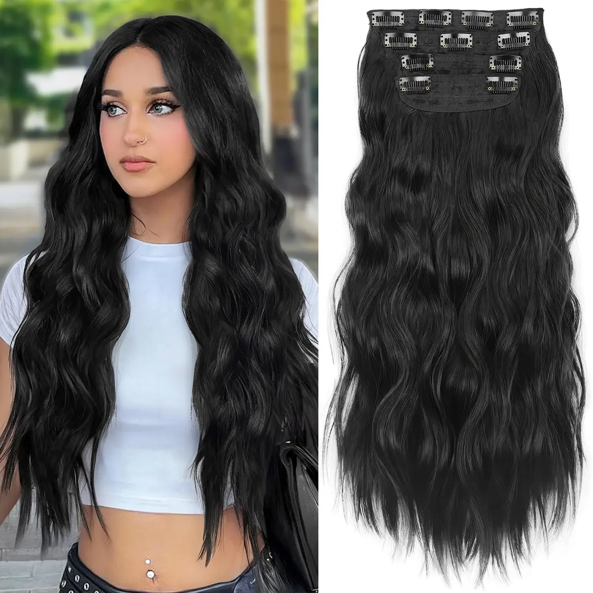 Clip-In Synthetic Hair Extensions - Long Wavy 4PCS Thick Chestnut Fiber Double Weft Natural Hairpieces for Women