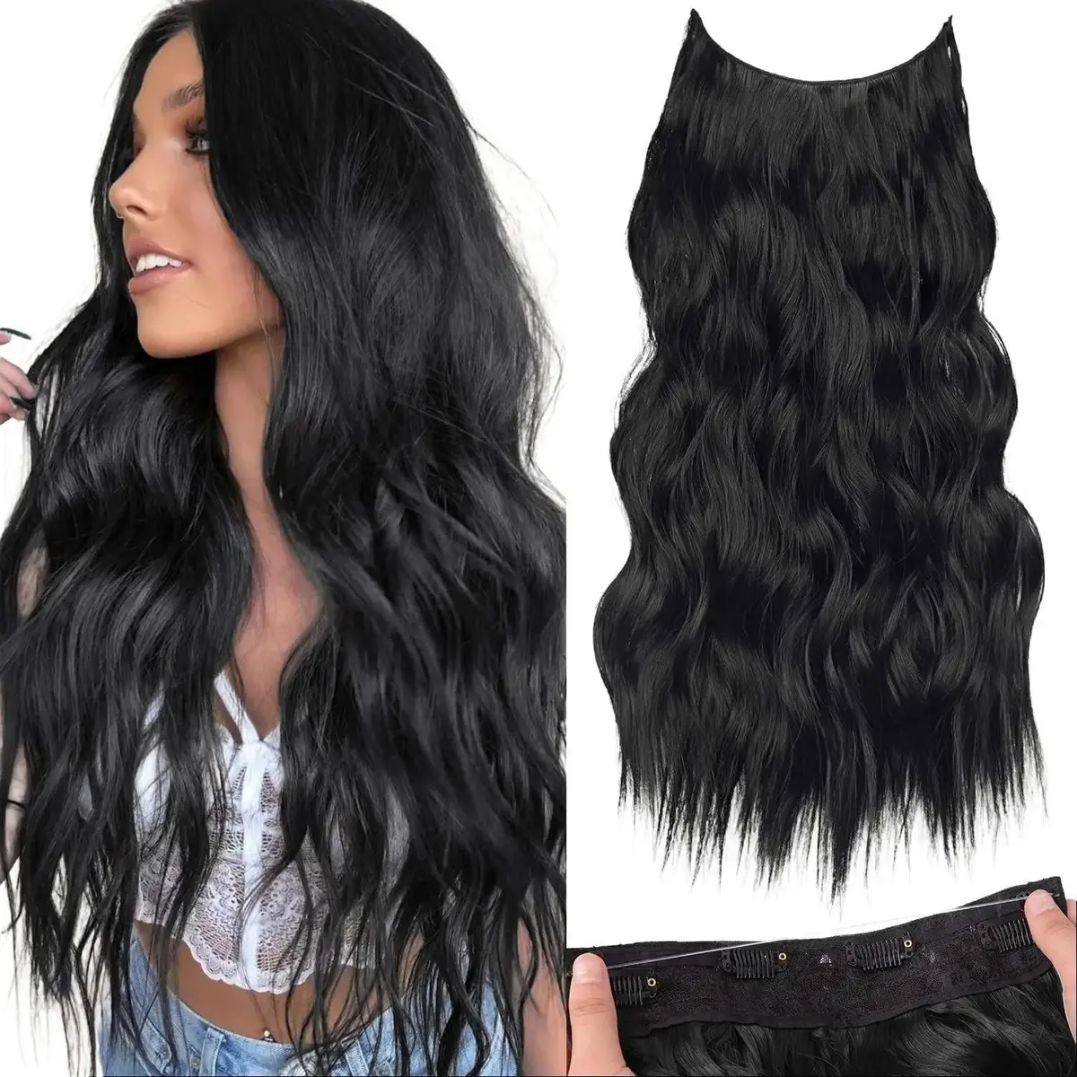 Invisible Wire Synthetic Halo Hair Extensions 16/20/24 Inch Clip-On Long Wavy Hairpiece for Women - Black
