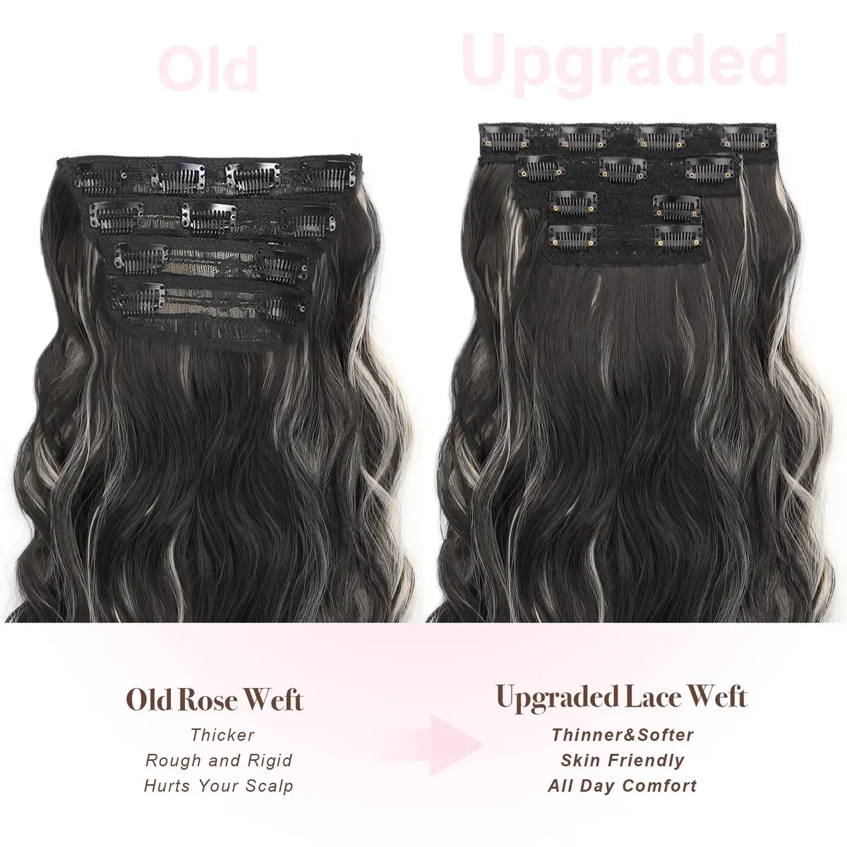 Invisible Clip-In Synthetic Hair Extensions - Thick Natural Long Wavy Hairpiece with Double Weft and 4/3/2 Secure Clips for Women
