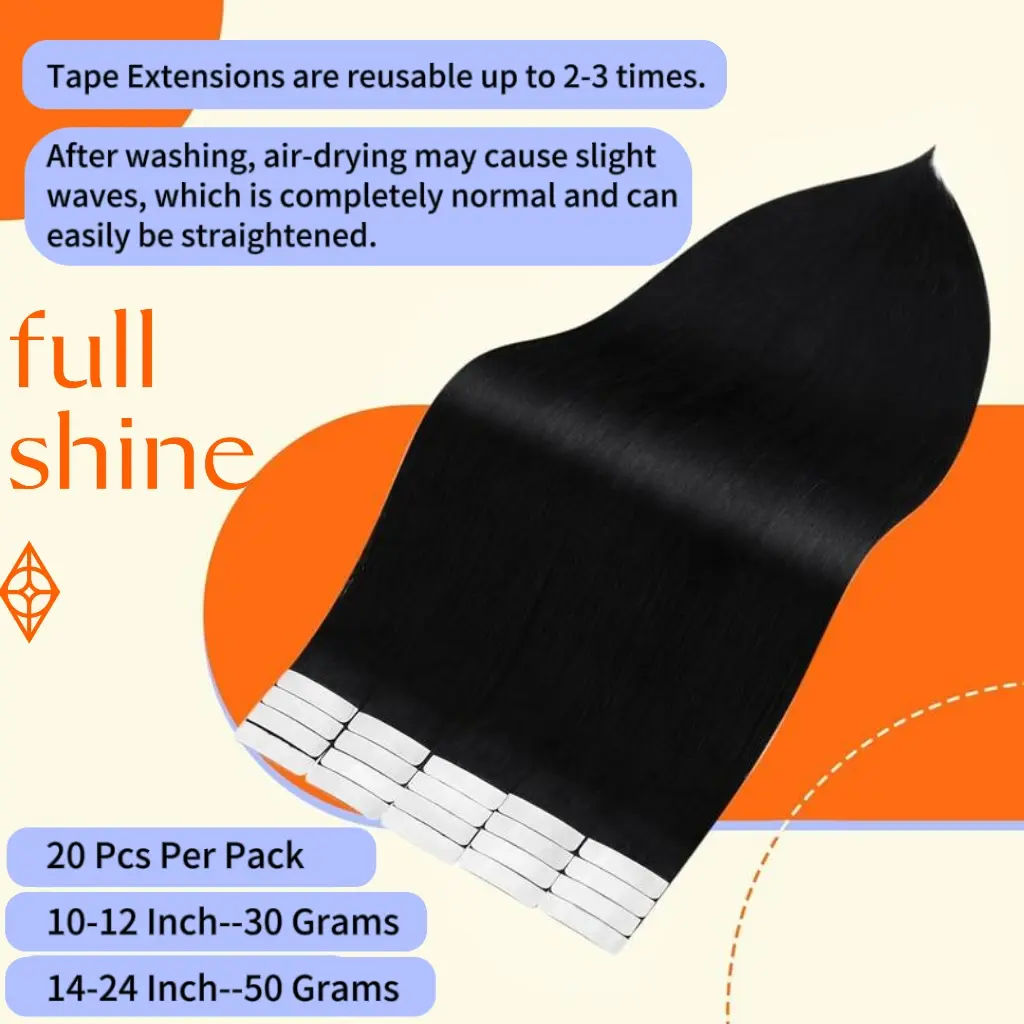 Tape-In Human Hair Extensions - Natural Straight, 20 Pcs, 50g for Women