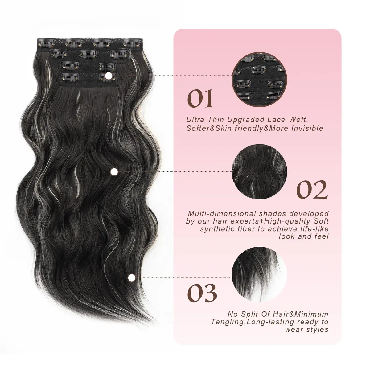 Invisible Clip-In Synthetic Hair Extensions - Thick Natural Long Wavy Hairpiece with Double Weft and 4/3/2 Secure Clips for Women