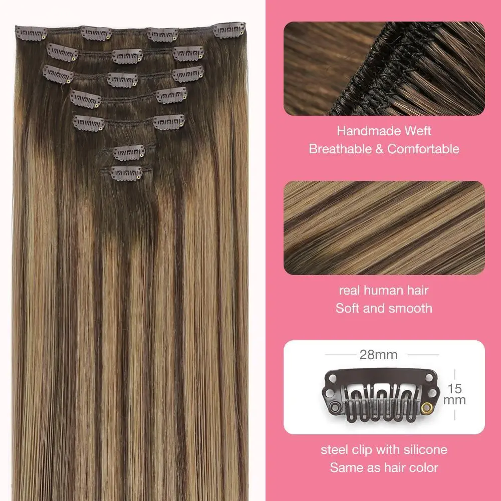 Clip-In Human Hair Extensions - Natural Straight Remy Hair, Easy to Style, Soft for Women