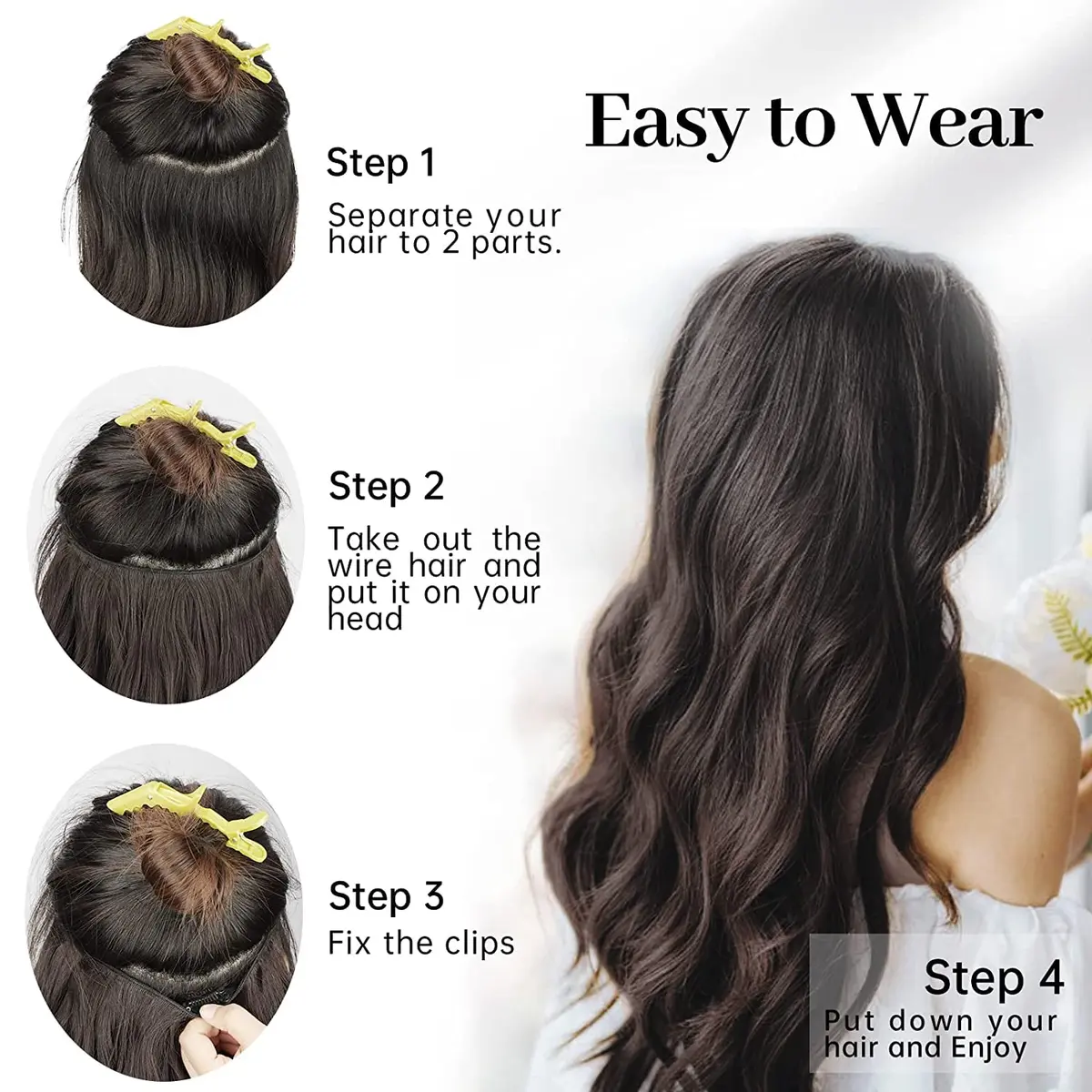 Invisible Wire Synthetic Halo Hair Extensions 16/20/24 Inch Clip-On Long Wavy Hairpiece for Women - Black