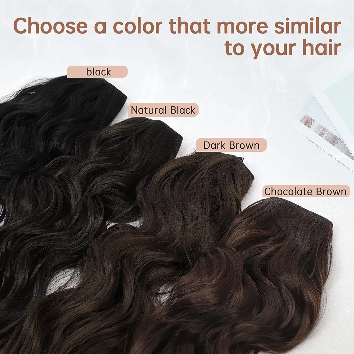 Invisible Wire Synthetic Halo Hair Extensions 16/20/24 Inch Clip-On Long Wavy Hairpiece for Women - Black
