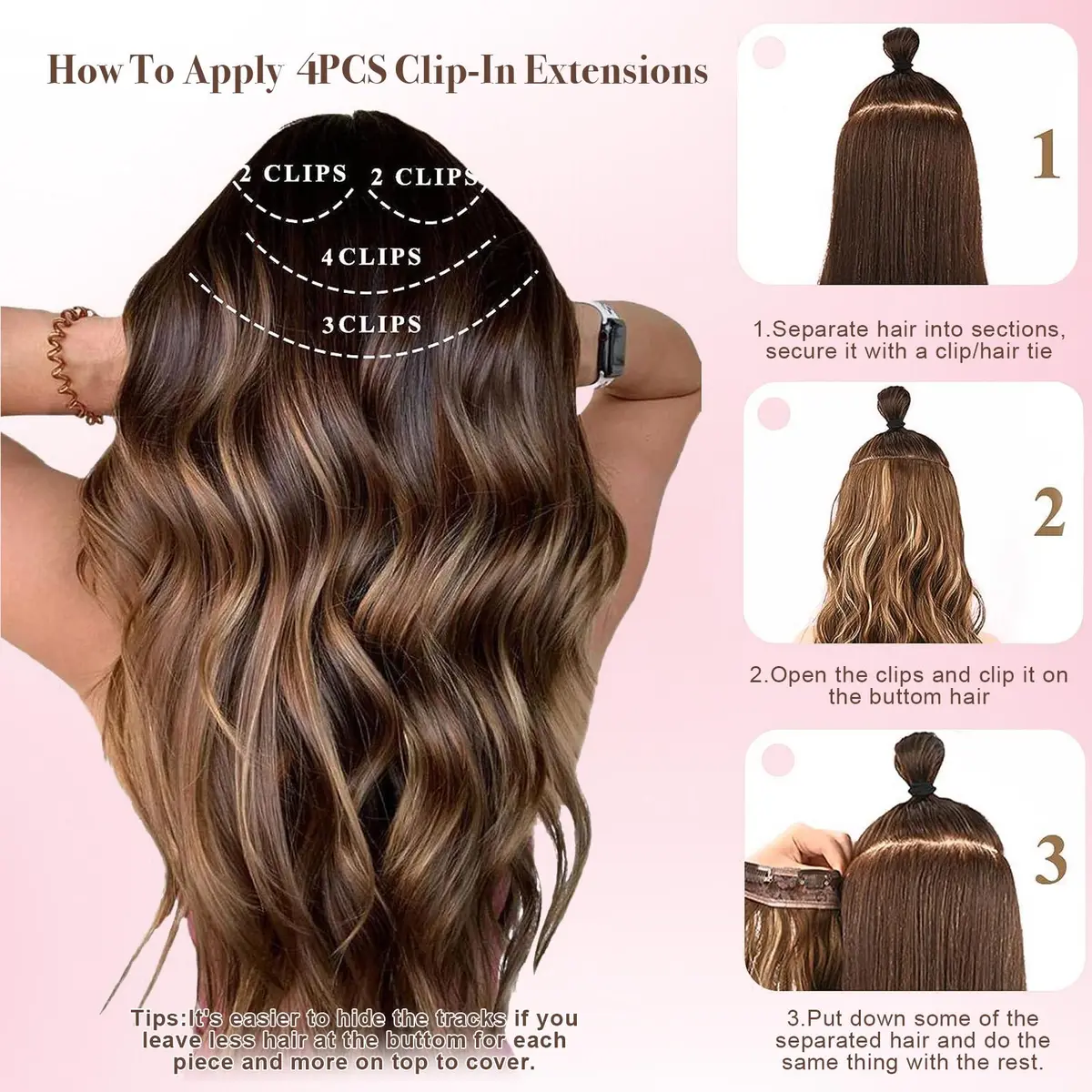 Invisible Clip-In Synthetic Hair Extensions - Thick Natural Long Wavy Hairpiece with Double Weft and 4/3/2 Secure Clips for Women