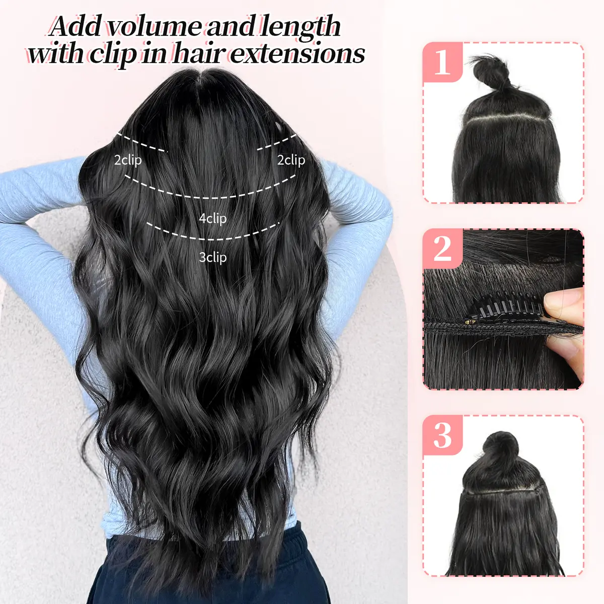 Clip-In Synthetic Hair Extensions - Long Wavy 4PCS Thick Chestnut Fiber Double Weft Natural Hairpieces for Women