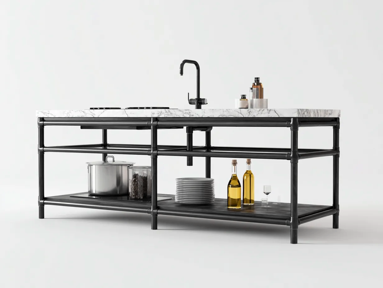 Outdoor Küche Insel - Stahl-Marmoroptik - 176x68x94 cm - Schwarz-Weiß - Moderner Loft-Stil-Havengetbase