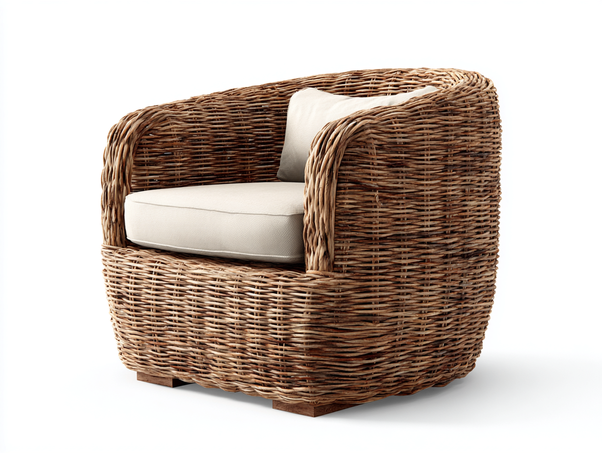 Sillón de ratán 85x80x75 cm - ratán natural y cojín beige - sillón de descanso - estilo natural moderno-Cottagolab