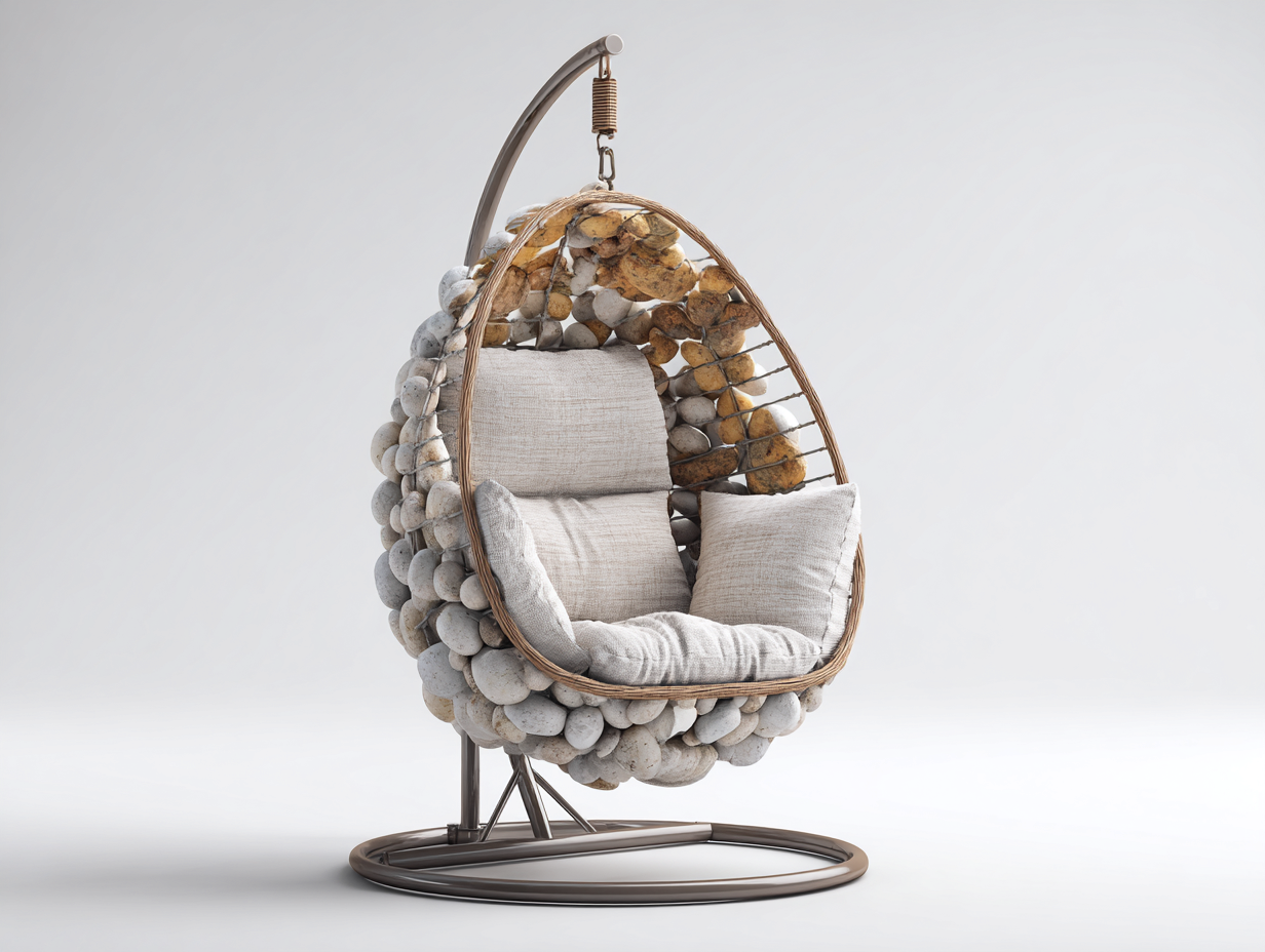 Sillón colgante de jardín 105x105x195 cm - ratán natural y cojines beige - sillón colgante con soporte metálico - estilo moderno-Cottagolab