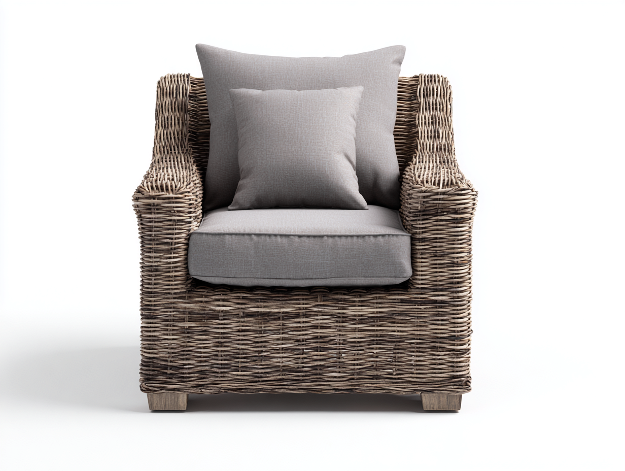 Sillón de ratán con cojín 80x75x85 cm color natural y gris para salón terraza - diseño moderno cómodo-Cottagolab