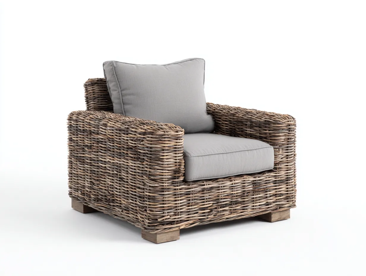 Sillón de ratán 90x85x78 cm - ratán natural y cojín gris - sillón de descanso - estilo natural moderno-Cottagolab