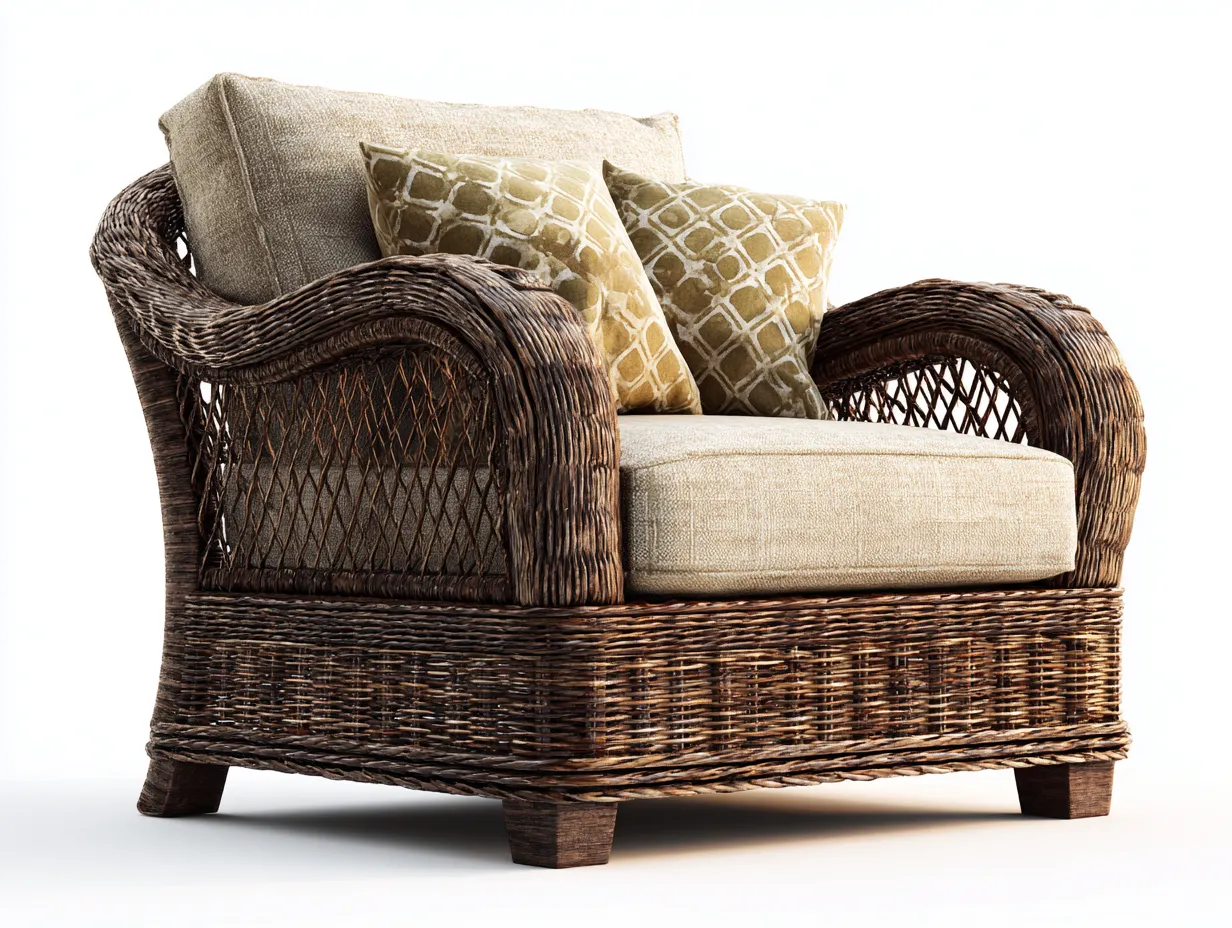 Sillón de ratán 85x80x75 cm ratán y tela beige y marrón - diseño clásico para salón-Cottagolab