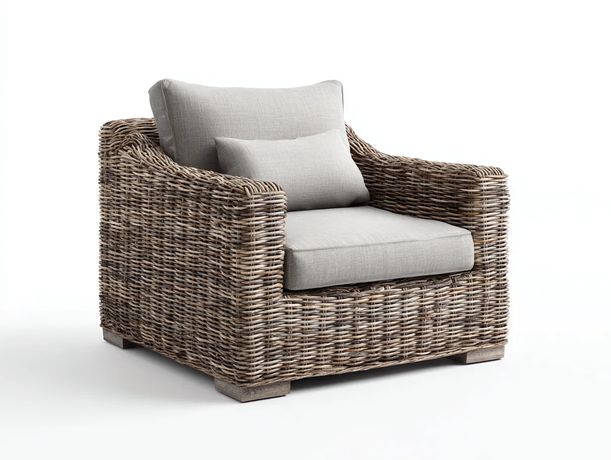 Sillón de ratán 90x85x78 cm ratán y tela beige y marrón - diseño natural para salón-Cottagolab