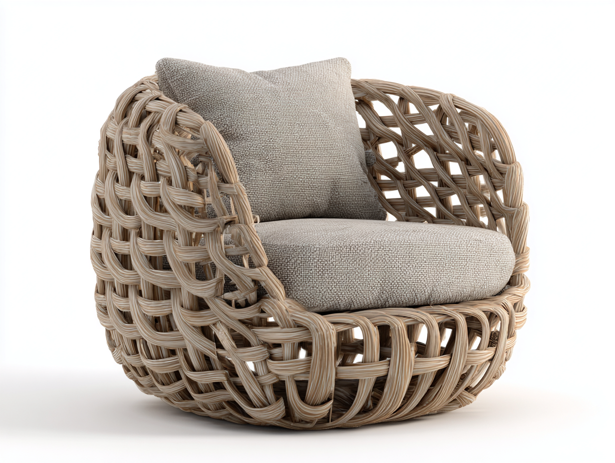 Sillón de ratán 88x82x76 cm ratán y tela beige y natural - diseño moderno para salón-Cottagolab