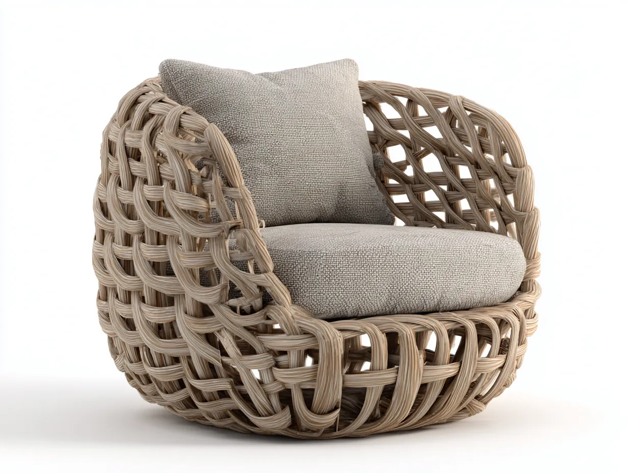 Sillón de ratán 88x82x76 cm ratán y tela beige y natural - diseño moderno para salón-Cottagolab