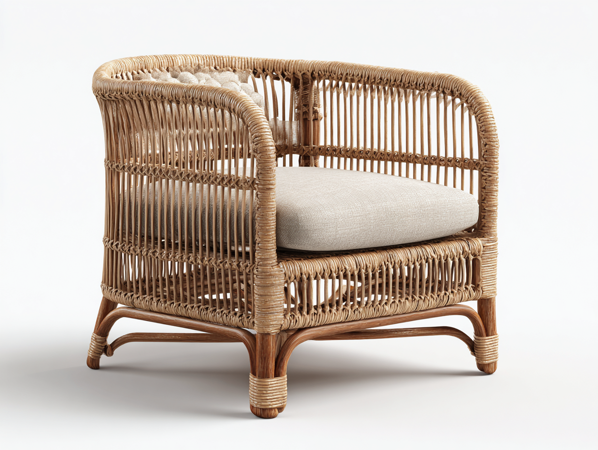 Sillón de ratán natural con cojín 75x70x75 cm color natural y beige para salón terraza - diseño moderno-Cottagolab