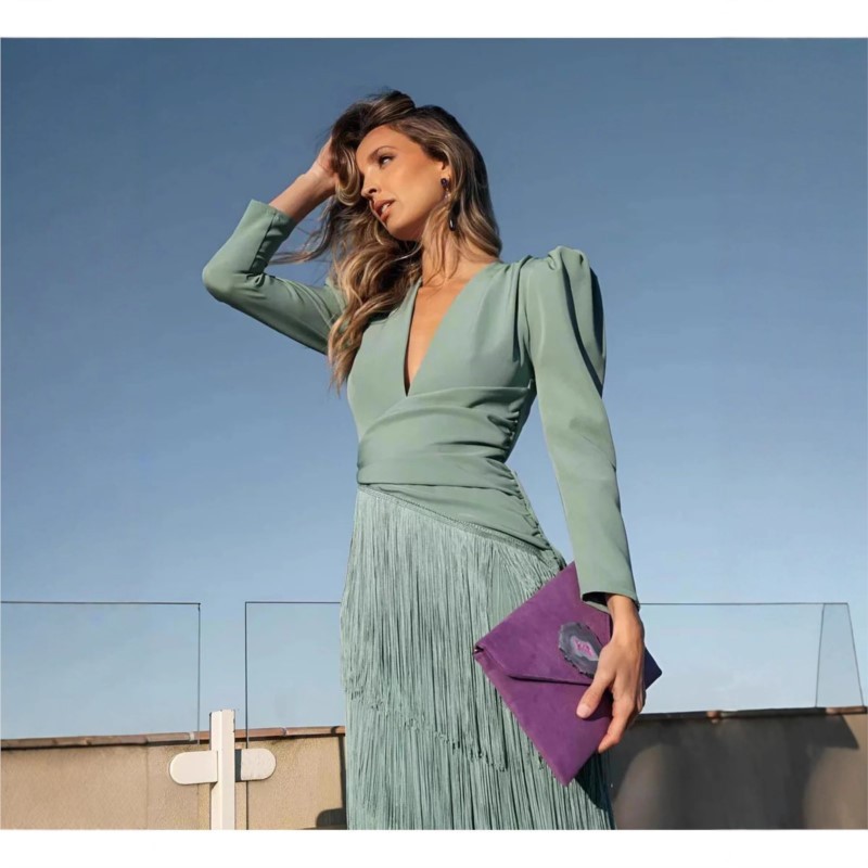 Sutterhie - Robe Longue Élégante pour Femme avec Décolleté en V Profond - Robe de Soirée Chic à Manches Longues avec Pompons