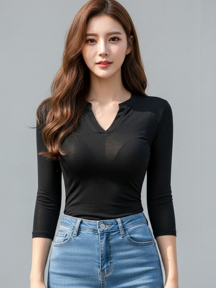 Sutterhie - T-shirt Basique en Coton pour Femme - Haut Slim Fit Élastique à Manches Longues et Col en V - Style Décontracté