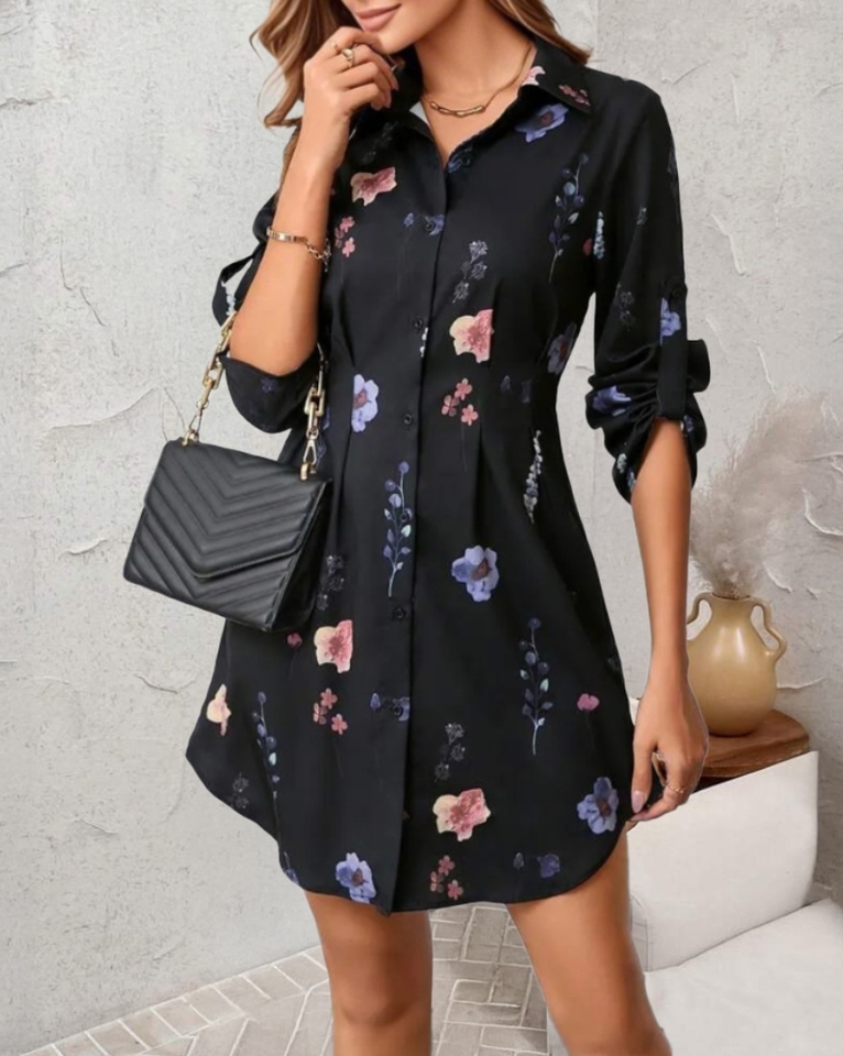 Sutterhie - Robe Midi Fleurie à Manches Longues - Robe Casual Élégante avec Taille Cintrée - Collection Automne