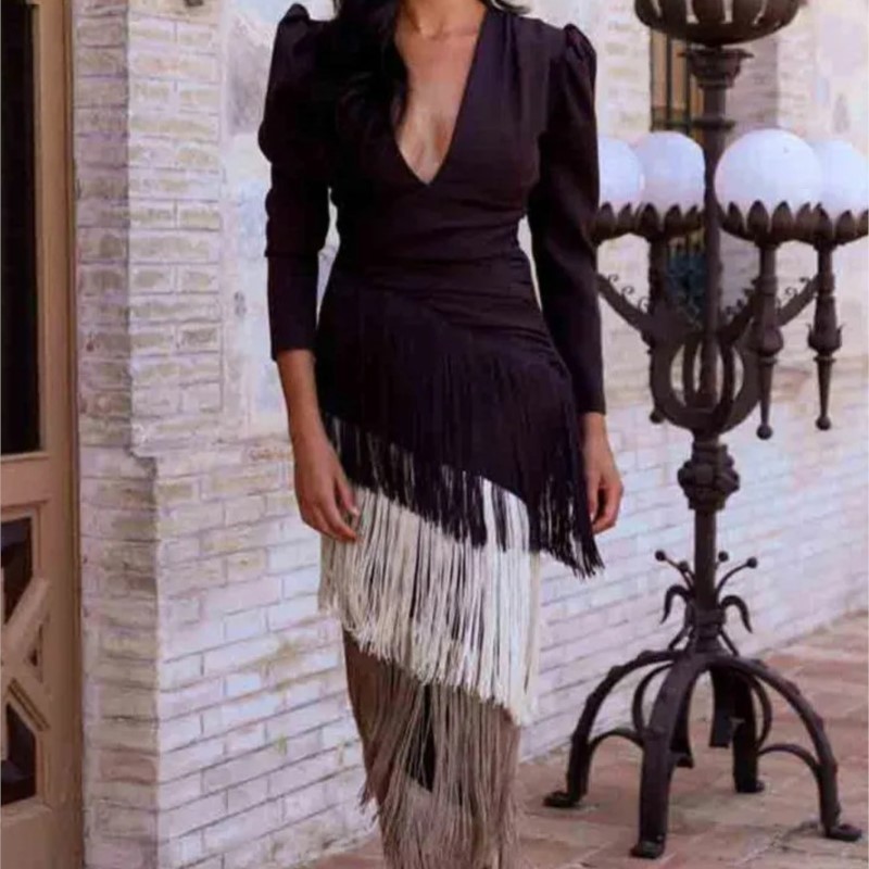 Sutterhie - Robe Longue Élégante pour Femme avec Décolleté en V Profond - Robe de Soirée Chic à Manches Longues avec Pompons