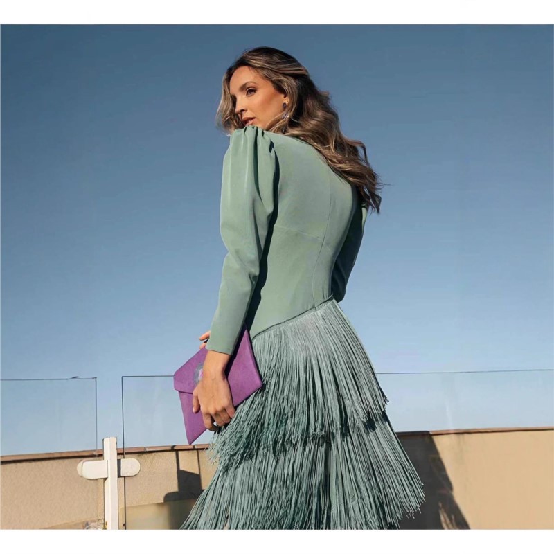 Sutterhie - Robe Longue Élégante pour Femme avec Décolleté en V Profond - Robe de Soirée Chic à Manches Longues avec Pompons