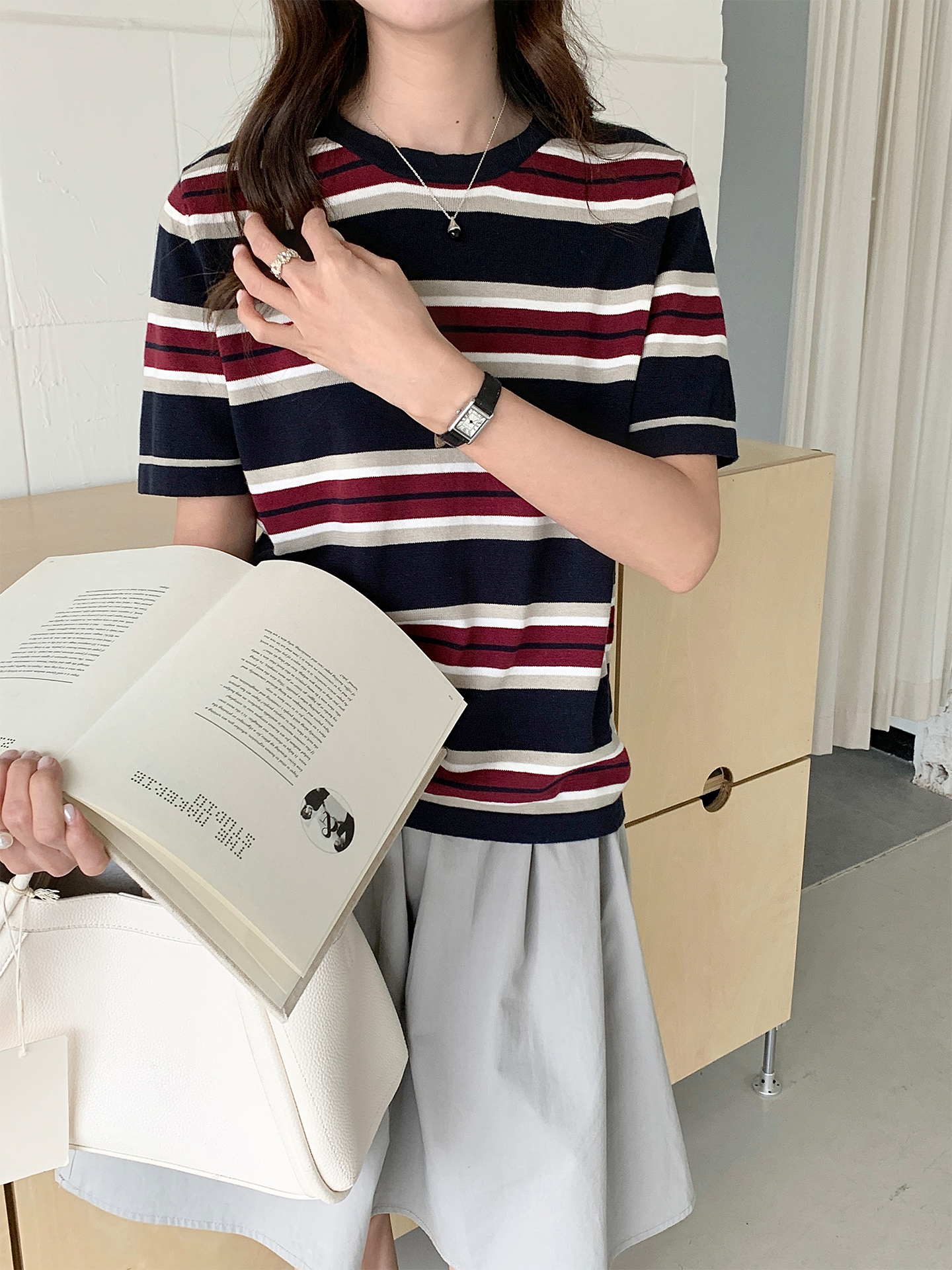 Sutterhie - T-shirt d'Été à Rayures pour Femme en Pur Coton - Haut à Col Rond et Manches Courtes - Coupe Confortable