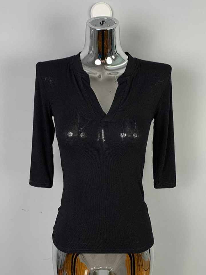 Sutterhie - T-shirt Basique en Coton pour Femme - Haut Slim Fit Élastique à Manches Longues et Col en V - Style Décontracté