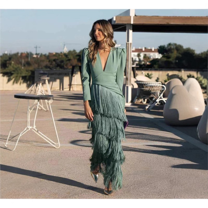 Sutterhie - Robe Longue Élégante pour Femme avec Décolleté en V Profond - Robe de Soirée Chic à Manches Longues avec Pompons