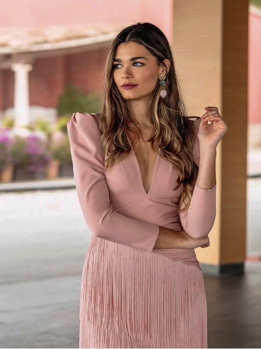 Sutterhie - Robe Longue Élégante pour Femme avec Décolleté en V Profond - Robe de Soirée Chic à Manches Longues avec Pompons